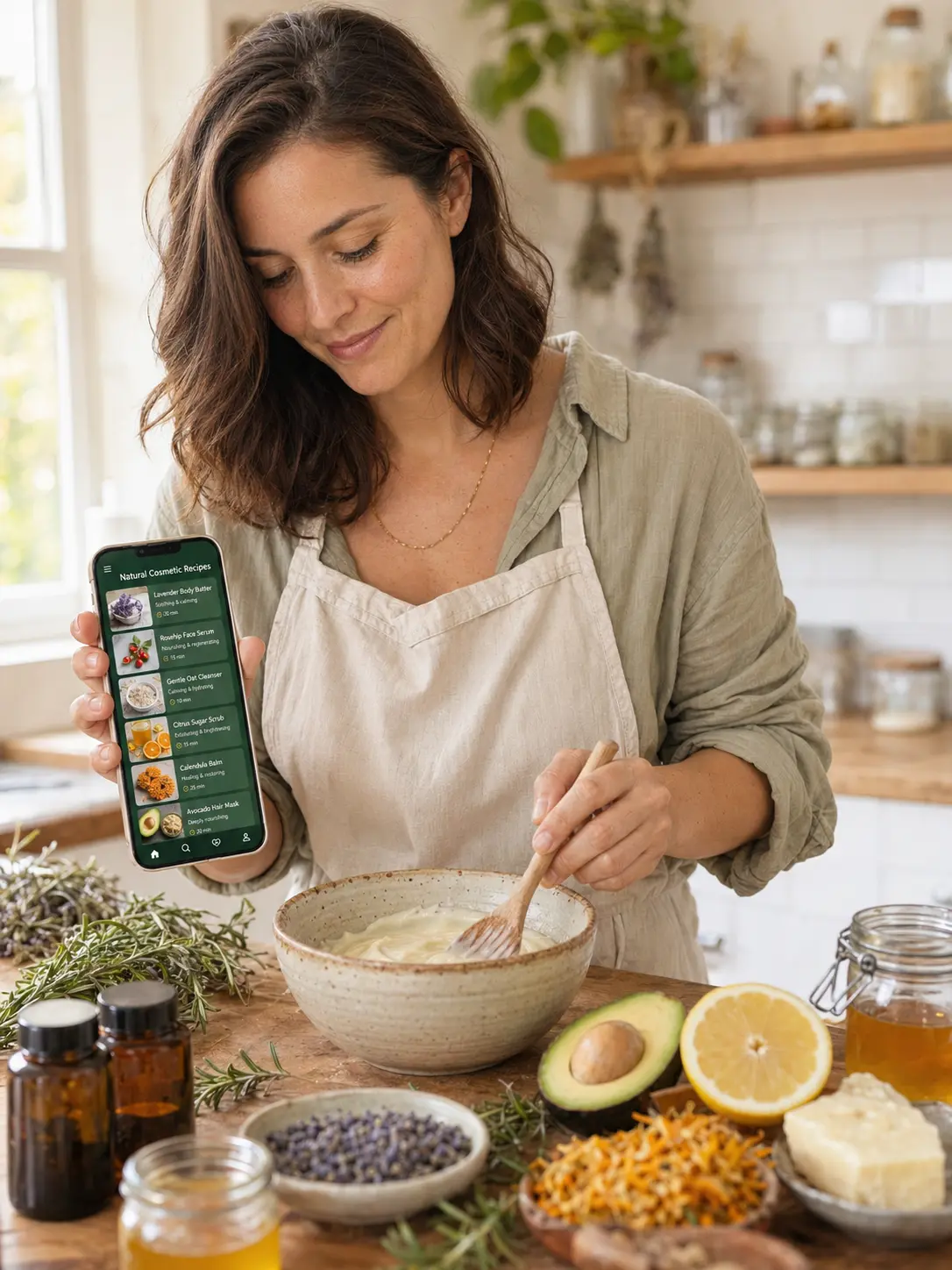 Woman making natural cosmetics at home using the Naturall Academy app